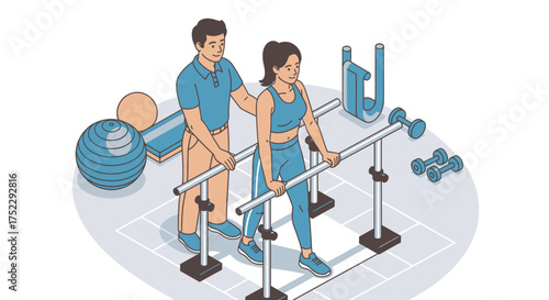 Physical therapist assisting patient with rehabilitation exercises on parallel bars.