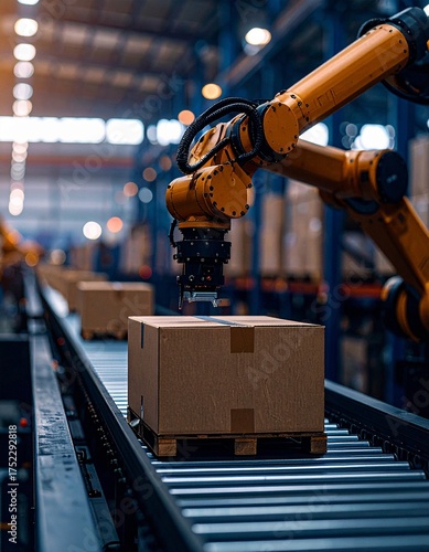Industrial Robot Arm Handling Package On Conveyor