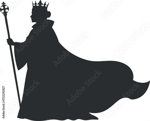 A detailed silhouette of a king with a crown and staff, representing royalty and authority.