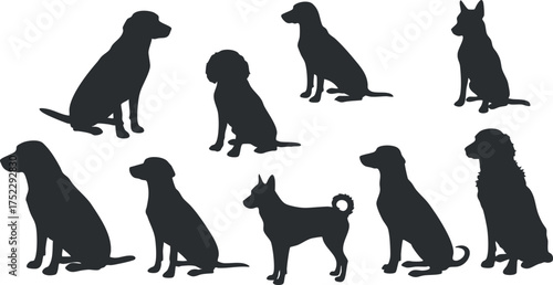 A collection of dog silhouettes showcasing various breeds in a stylish and modern design.