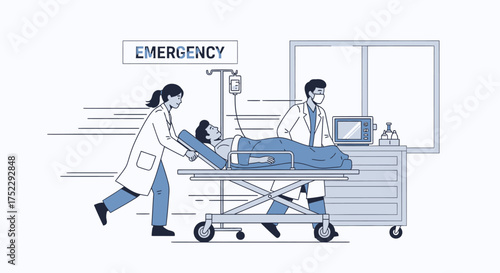 Medical professionals rushing patient on gurney to emergency room.