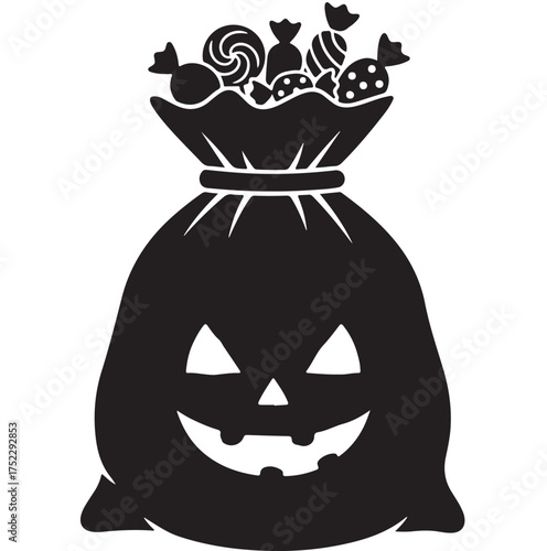 Spooky Halloween treat bag overflowing with candy illustration for festive designs and celebrations of the autumn holiday season in October