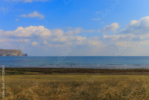Scenic Coastal View of Seongsan Ilchulbong and the Beach in Jeju Island, South Korea