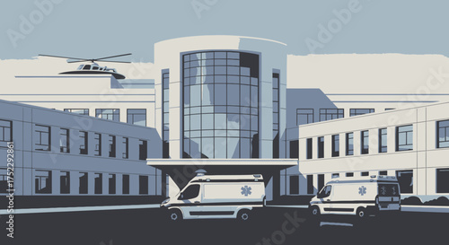 Modern hospital building with ambulance and helicopter services.