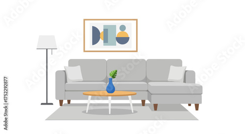 Modern Living Room Interior with Gray Sofa Coffee Table and Artwork.