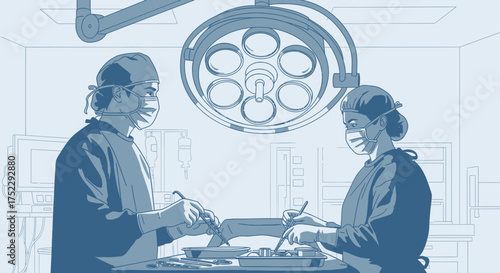 Illustration of two surgeons collaborating during a medical operation.