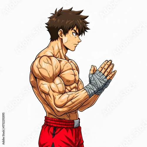 Anime Fighter in Focused Stance – Muscular Male Martial Artist Illustration 8K
