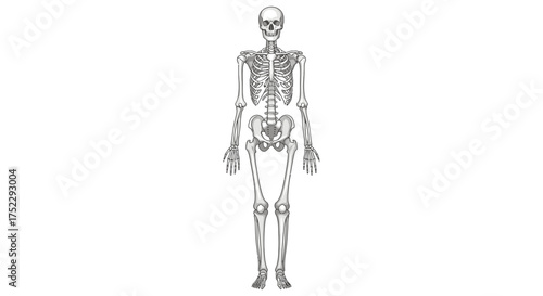Human Skeleton Anatomy Front View Detailed Outline Illustration.