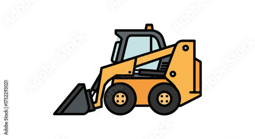 Compact yellow skid steer loader with front bucket and cab.