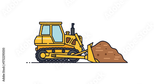 Yellow bulldozer with a pile of dirt construction vehicle illustration.