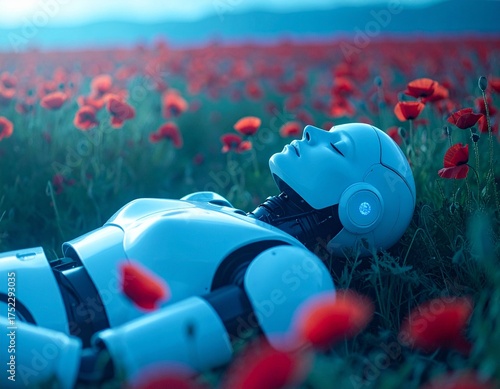 Futuristic Robot Resting In Poppy Field