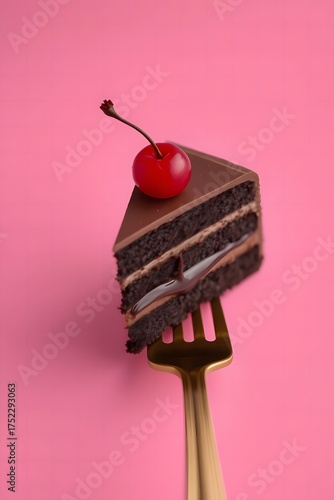 A decadent slice of triple-layered chocolate cake with a glossy cherry on top, poised on a golden fork against a vibrant pink backdrop
