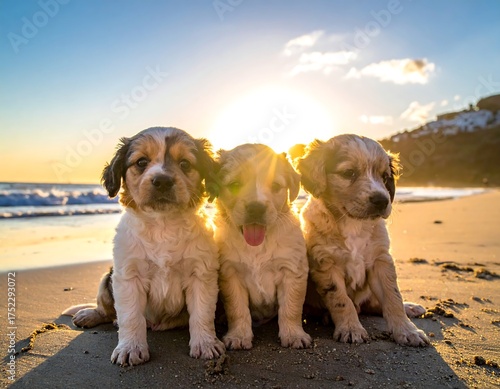 Three puppies on a sunny beach with the bright sun setting behind them