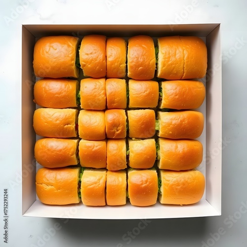 A curated selection of freshly baked, golden-brown bread rolls arranged neatly in a white box for a delightful culinary presentation