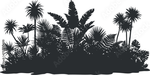 A detailed silhouette of various tropical plants and foliage creating a lush island scene.