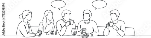 A group of five people sitting around a table enjoying coffee and engaging in conversation.