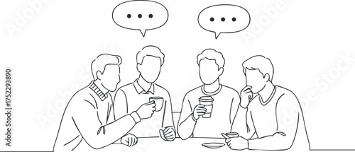 Four men sitting together enjoying coffee and engaging in a casual conversation.