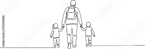 A parent walking hand in hand with two children in a minimalist line art style.