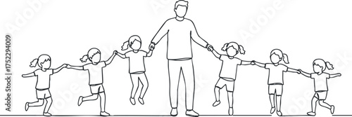 A line art illustration of children and an adult holding hands while running together.