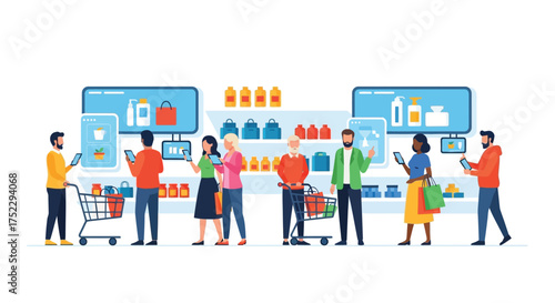 Customers Shopping in a Supermarket Aisle with Contactless Payment