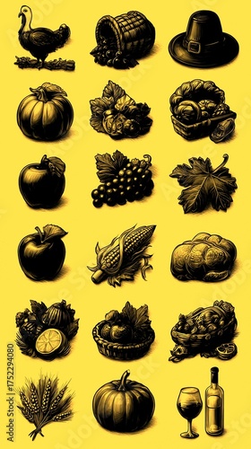 Display of traditional autumn harvest items featuring turkey, pumpkins, and seasonal produce in