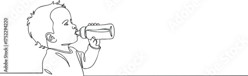A playful lineart illustration of a baby drinking from a bottle in a cute manner.