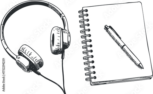 Illustration of headphones next to a blank notebook and pen for creative work.