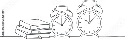 Illustration of two alarm clocks beside a stack of books representing time management and study.
