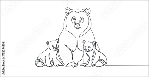 Line art illustration of a mother bear with two playful cubs sitting together.