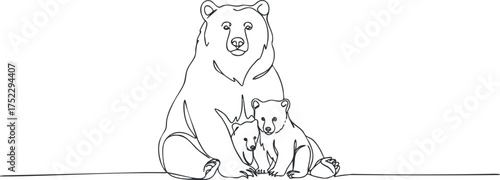 A charming line art illustration of a mother bear with her playful cubs.