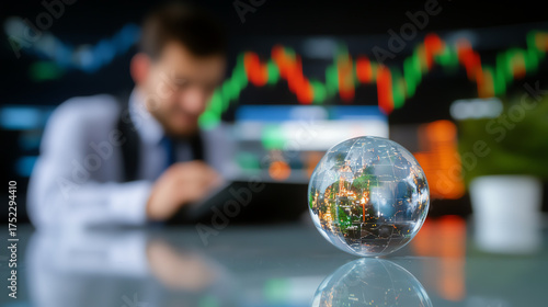 A professional examining data on a tablet with a globe symbolizing global growth in focus.