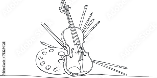An artistic composition featuring a violin surrounded by art supplies like pencils and a palette.