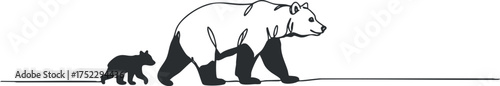 A minimalistic line art illustration of a bear and its cub walking together in nature.