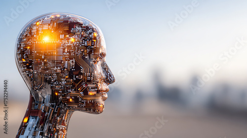 A profile view of a futuristic robot head featuring intricate circuitry and glowing elements against a city backdrop.