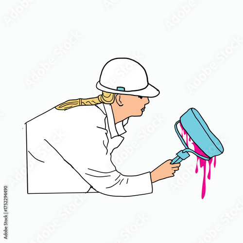 Skilled Worker Painting with a Roller Brush and Vibrant Pink Paint While Wearing Protective Safety Gear and Hardhat in a Professional Construction Environment