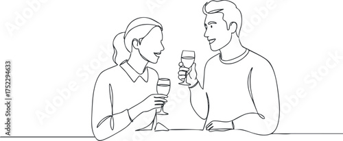 A minimalist illustration of a couple enjoying drinks and sharing a toast in a casual setting.