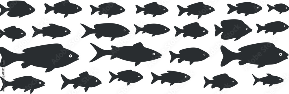 Fototapeta premium A seamless pattern featuring black fish silhouettes on a white background, perfect for aquatic themes.