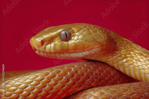 Golden Snake Sculpture on a Vibrant Red Background Showing Intricate Details ...