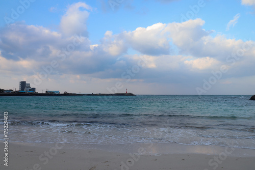 Scenic Coastal View of Seongsan Ilchulbong and the Beach in Jeju Island, South Korea