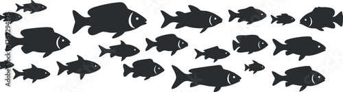A collection of black fish silhouettes swimming in a stylized pattern on a white background.