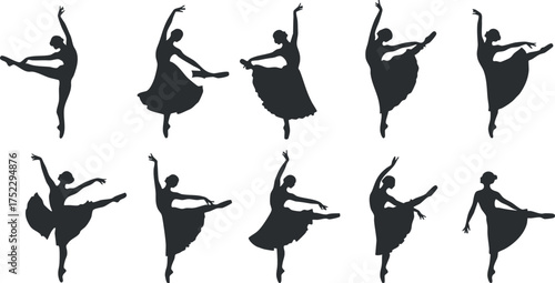Silhouettes of graceful ballet dancers in various poses showcasing elegance and movement.