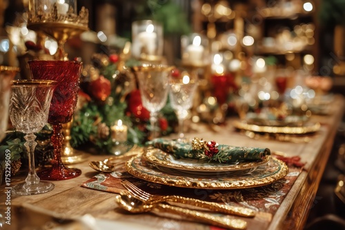 Elegant Christmas Dinner Setting With Sparkling Lights and Festive Decoration...