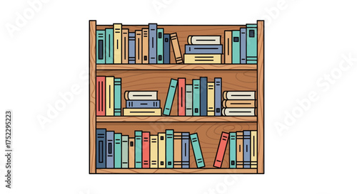 A wooden bookshelf filled with a variety of colorful books.