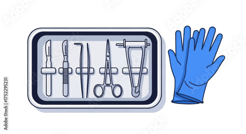 Surgical Instruments and Blue Medical Gloves in Tray.