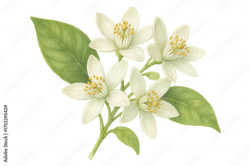 Obraz premium White orange blossom flower botanical watercolor illustration with green leaves, transparent background