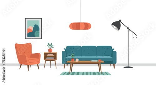 Modern Living Room Interior with Teal Sofa and Orange Armchair.