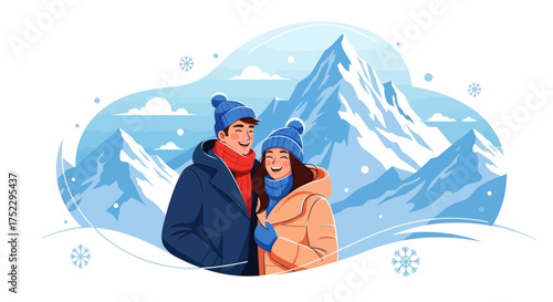 Smiling Couple in Winter Clothing with Snowy Mountain Background Illustration.