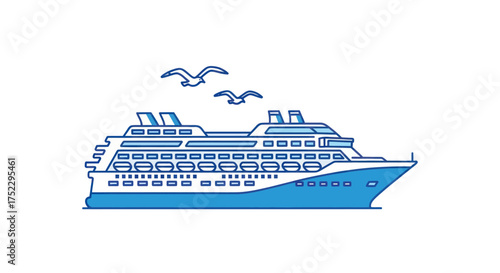 A blue and white cruise ship sailing with two seagulls flying above.