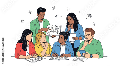 Diverse Group of Students Studying Math Together Illustration.