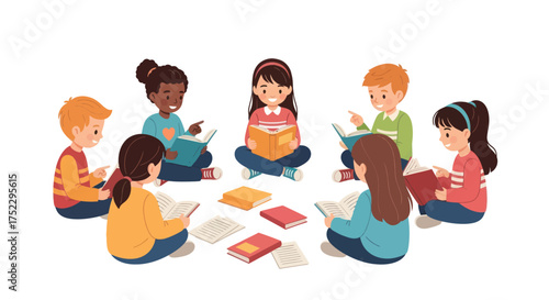 Diverse group of children sitting in a circle reading books.